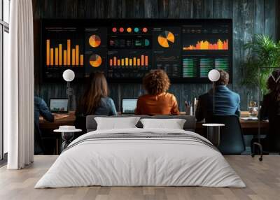 Data Driven Decisions: A team of professionals gather around a large screen displaying a comprehensive data dashboard, showcasing their commitment to data-driven insights and strategic planning.   Wall mural