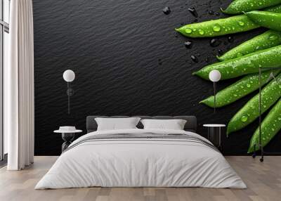 Fresh Green Beans on Slate: A vibrant cluster of green beans, glistening with dew drops, adorn a dark slate background. The composition invites culinary creativity. Wall mural