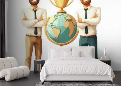 Global Business Triumph: Cartoon of two businessmen with trophy globe  Wall mural