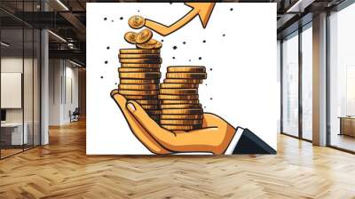 Golden Profits Soar: A hand securely holds stacks of gleaming coins, an upward arrow symbolizing exponential financial growth and investment success in a vibrant, graphic style.   Wall mural