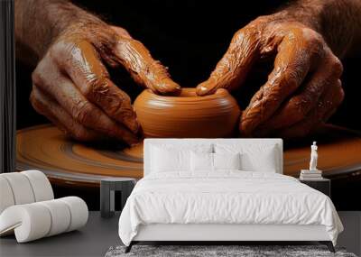 Hands Shaping Clay:  A close-up view of a potter's hands, covered in clay, expertly shaping a vessel on a spinning wheel. The image captures the artistry and skill involved in the ancient craft of pot Wall mural