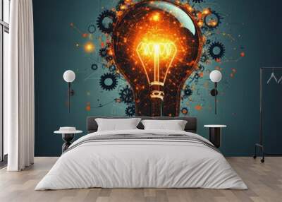 Igniting Innovation: A hand holds a glowing lightbulb, bursting with gears and energy, symbolizing the power of creative thinking and problem-solving.  Wall mural