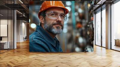 Industrial Expertise: A seasoned professional, clad in a hard hat and safety glasses, surveys the intricate machinery of a bustling factory, his gaze reflecting years of experience and dedication.   Wall mural