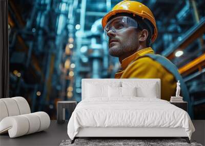 Industrial Strength: A close-up portrait of a focused industrial worker in a yellow jumpsuit and hard hat, standing amidst a complex network of machinery and pipelines, conveying a sense of dedication Wall mural