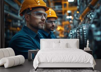 Industrial Strength: Two focused industrial workers stand with arms crossed, wearing safety helmets and goggles, amidst a backdrop of machinery. Their determined expressions convey a sense of resilien Wall mural