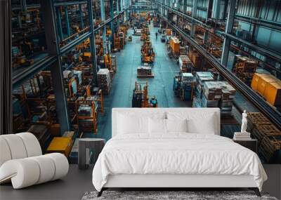 Industrial Warehouse: A high-angle view captures the bustling activity within a vast industrial warehouse, showcasing rows of stacked pallets, forklifts navigating the aisles, and the intricate networ Wall mural