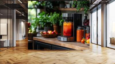 Kitchen Countertop Refreshment Station: A sleek modern juicer takes center stage, surrounded by an array of fresh fruits and vibrant juice blends, promoting a healthy and refreshing lifestyle.  Wall mural