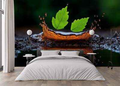 Nature's Rebirth: Two vibrant green leaves gracefully land on a dark, glistening puddle, creating a captivating splash with stunning reflections. A moment of pure natural beauty. Wall mural