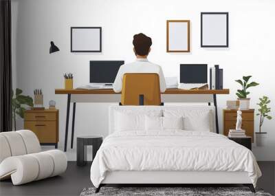 Person Working at Modern Minimalistic Office Desk Viewed from Behind Wall mural