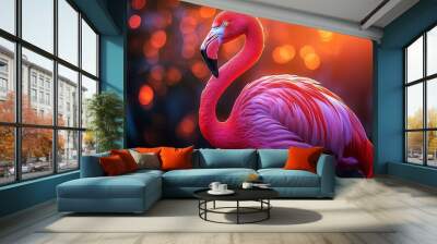 Pink Flamingo in Golden Hour: A single flamingo stands gracefully against a backdrop of warm, golden light, creating a stunning visual with vibrant colors and soft bokeh. The image evokes a sense of t Wall mural