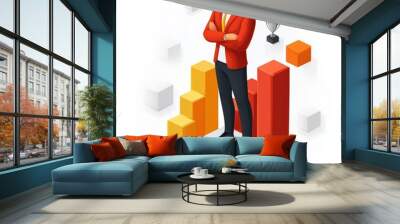 Reaching New Heights: Confident businessman in red suit stands atop a 3D bar graph, symbolizing career success, ambition, and achievement in an isometric illustration.  Wall mural