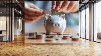 Saving for the Future: Close-up of a hand gently placing a coin into a white piggy bank, symbolizing financial responsibility and the pursuit of long-term goals.  Wall mural