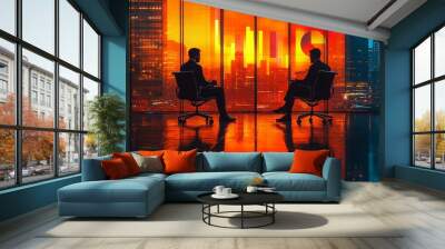 Silhouettes of Success: Two businessmen silhouetted against a vibrant cityscape, their backs turned, conversing in a high-rise office.  The image evokes a sense of ambition, strategy, and the pursuit  Wall mural