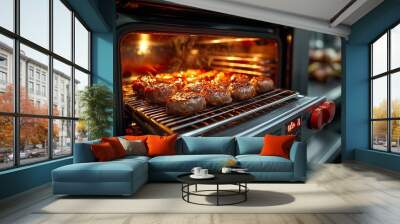 Sizzling Sausages in Commercial Oven: A close-up of juicy sausages sizzling in a commercial oven, with steam rising and light illuminating the scene.  A perfect image for restaurant, food blog, and cu Wall mural