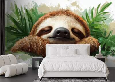 Sleepy Sloth in Lush Jungle Paradise: A digital painting of a sloth, eyes closed, nestled amongst lush green foliage. The painting evokes a sense of peace and tranquility, perfect for home decor or na Wall mural