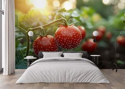 Sun-Kissed Tomatoes: A vibrant close-up of ripe, red tomatoes glistening with dew on a vine, bathed in warm sunlight. The image evokes a sense of freshness, abundance, and summer's bounty.   Wall mural