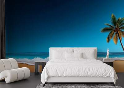 Tropical Beach Serenity: A single palm tree graces a pristine beach, its fronds gently swaying against a vibrant turquoise ocean and deep blue sky.  The scene evokes tranquility and escape.  Wall mural