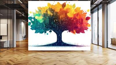 Urban Oasis: A vibrant tree of life bursts with the colors of a thriving city, illustrating the harmony of nature and urban life.  Wall mural