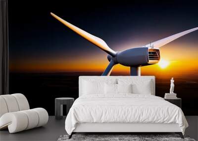 Wind Turbine Sunset: A majestic wind turbine stands tall against a vibrant sunset, its blades silhouetted against the fiery sky, symbolizing the power of renewable energy.  Wall mural