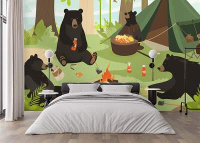 An illustration showing black bears humorously camping, which could teach about safe camping practices in bear habitats Wall mural