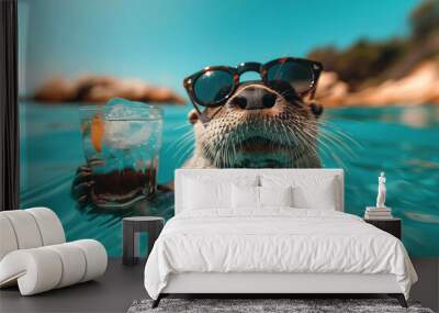 An otter wearing sunglasses floats in a pool, holding a refreshing drink with an orange slice, embodying a playful and laid-back summer vibe in vibrant blue water under a bright sunny sky Wall mural