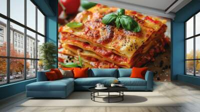 Close-up of a delicious homemade vegetarian lasagna garnished with fresh basil, showcasing layers of pasta, rich tomato sauce, and melted cheese, perfect for celebrating National Lasagna Day Wall mural