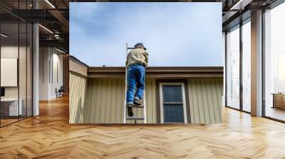 Senior man climbing an aluminum extension ladder to a home rooftop
 Wall mural