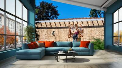 View of new residential home construction over the asphalt roof of existing neighbor house, worker on wall working in window opening of OSB oriented strand board exterior wall, summer construction sea Wall mural