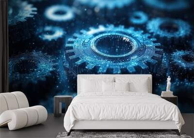 Abstract blue digital technology background featuring gears and cogs, with dark color palette for modern tech design Wall mural