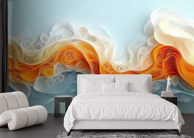 Close-up view of orange, yellow, and white quilling forming two waves against light blue background Wall mural