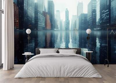 Retro-style creative artwork in black and white combines modern and vintage influences for surreal cityscape poster Wall mural