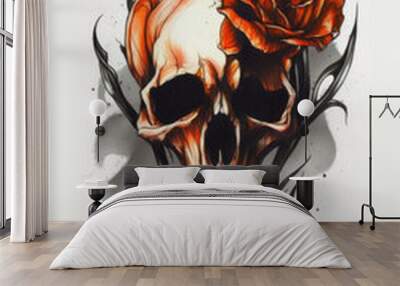 Orange Flowers Skull Watercolor - Generative AI Wall mural