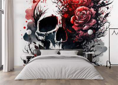 Rose Skull Watercolor Tattoo Design - Generative AI Wall mural