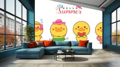 cute duck kawaii cartoon summer set. Wall mural