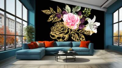 bouquet with gold graphic and watercolor flowers. rose, lily and berries. Wall mural