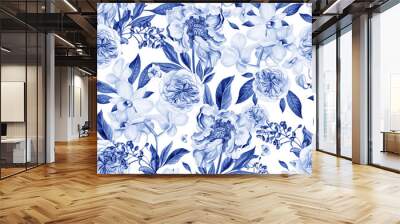 Watercolor pattern with peony flowers and orchids.  Wall mural