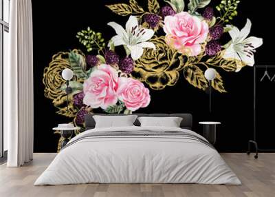 wreath with gold graphic and watercolor flowers. rose, lily and berries. Wall mural