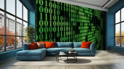 Green wall of numbers matrix machine code blinking computer process background Wall mural