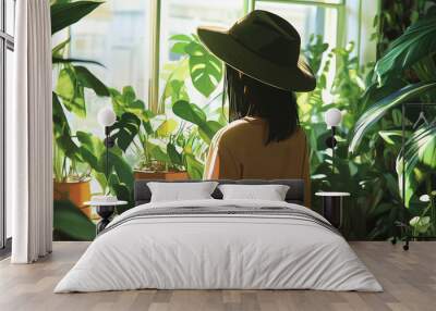 Lo-fi woman in a hat admiring indoor plants by the window Wall mural