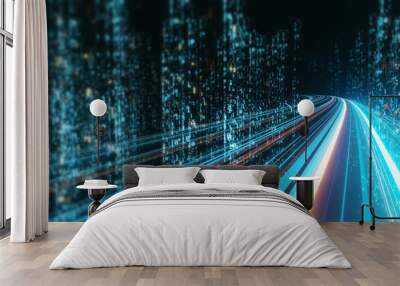 3D Rendering of abstract highway path through digital binary towers in city. Concept of big data, machine learning, artificial intelligence, hyper loop, virtual reality, high speed network.  Wall mural