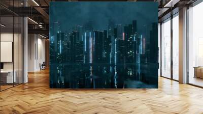 3D Rendering of abstract neon mega city with light reflection from puddles on street. Concept for night life, never sleep business district center (CBD)Cyber punk theme.  Wall mural