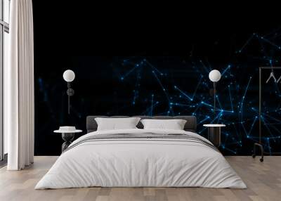 3D Rendering of Abstract polygonal space low poly network nodes with connected dots and lines on dark blur blue tone background. Concept for digital technology, telecom, big data, ai, block chain Wall mural