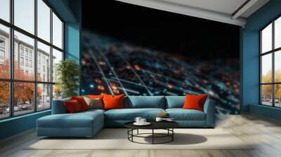 3D Rendering of abstract technology background. Glowing dots and lines in orange and blue color with depth of field effect. For high tech product, big data concept, machine learning, ai, block chain. Wall mural