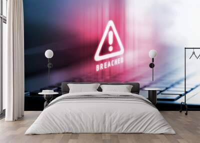 3D Rendering of alert logo on laptop computer. Concept of privacy data being hacked and breached from internet technology threat. For personal privacy, Cryptocurrency token security.  Wall mural