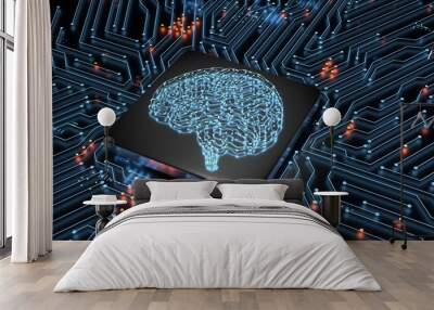 3D Rendering of artificial Intelligence hardware concept. Glowing blue brain circuit on microchip on computer motherboard. For stock trading, financial management, or technology product background Wall mural