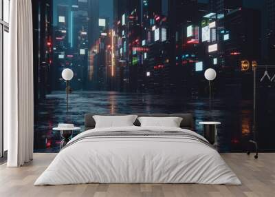 3D Rendering of billboards and advertisement signs at modern buildings in capital city with light reflection from puddles on street. Concept for night life, never sleep business district center (CBD) Wall mural