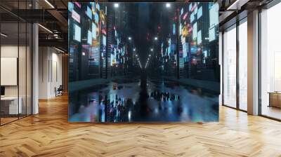 3D Rendering of billboards and advertisement signs at modern buildings in capital city with light reflection from puddles on street. Concept for night life, never sleep business district center (CBD) Wall mural