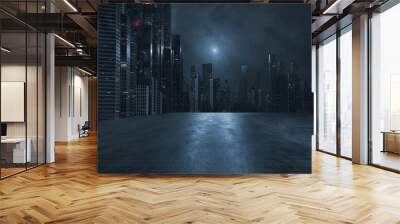 3D Rendering of modern skyscraper buildings in large city at night with reflection on wet  puddle street after raining. Concept for night life, business vision, technology product  Wall mural