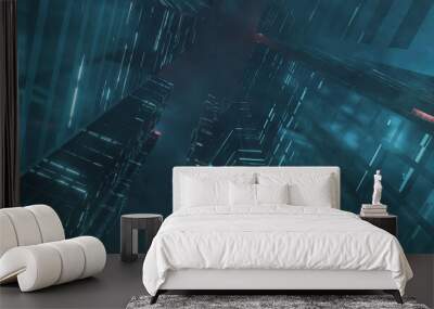 3D Rendering of skyscraper building in mega sci fi city. Mist and foggy environment. View from bottom up. For business technology product background Wall mural