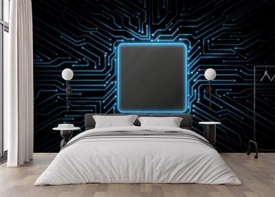 Abstract blue glowing circuit board background with copy space at center for your text, logo or products. Perfect for Artificial Intelligence, Technology, Crypto Currency concept. Wall mural